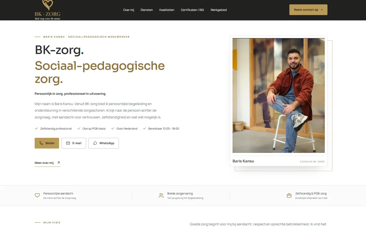 Schermafbeelding van de homepage van bk-zorgverlening.nl